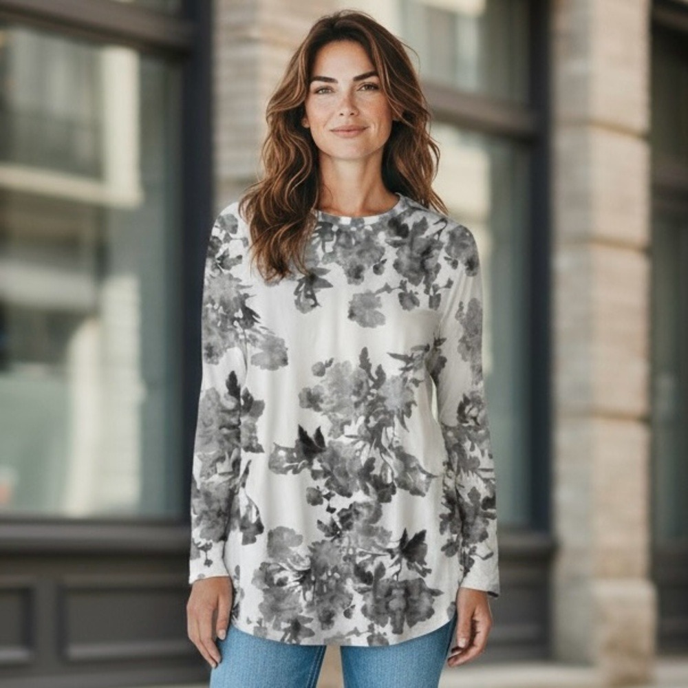 Pure Jill By J. Jill Black White‎ & Grey Floral Long Sleeve Shirttail Tee Shirt
